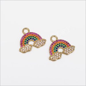 Charms Ciondoli Arcobaleno in Metallo Ottone Dorato Con Zirconi Multicolori.13x20mm (4Pz.)